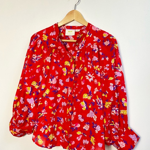 Maeve by Anthropologie Floral Red Long Sleeve Button Down Blouse - Picture 2 of 6